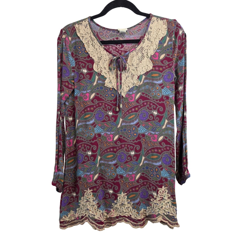 Gimmicks by BKE Womens Small Paisley Crochet Lace Split Sleeve Boho Tunic Top